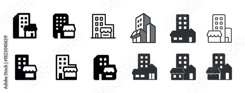 Collection of black and white building and storefront icons