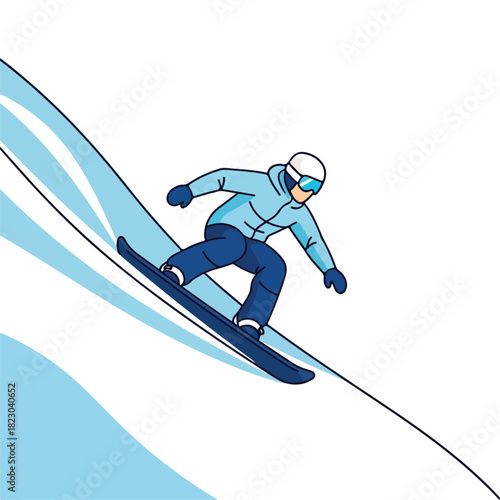 Dynamic snowboarder carving down a snowy mountain slope, enjoying winter sports and adventure in a modern, clean design for active lifestyle promotions