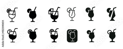 Various cocktail silhouettes with straw and lemon garnish icons