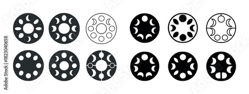 Moon phases icons set: diverse circular designs in black and white