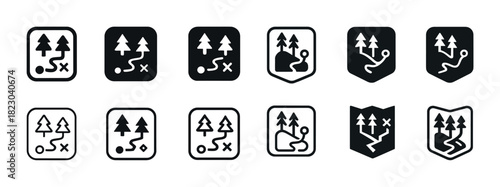 Set of black hiking trail icons with trees and paths