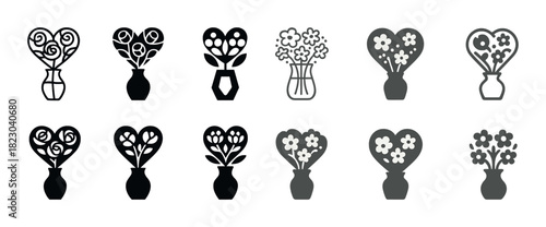 Black and white floral vase icon set with heart and flower designs