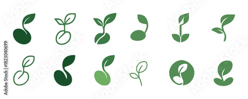 Collection of minimalist green seedling icons in various styles