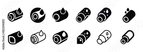 Black and white icon set of water-related drop and cylinder designs