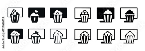 Popcorn cinema icons set: tv entertainment illustrations