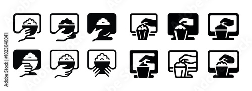 Hands reaching for popcorn icon set in black and white