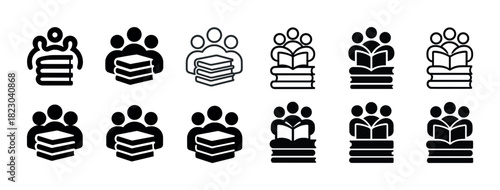 Library community icons: group reading and book sharing symbols