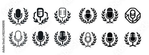Vintage microphone emblems with laurel wreaths in various styles
