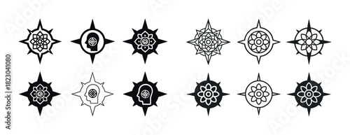 Black and white geometric compass icons with human head and floral designs