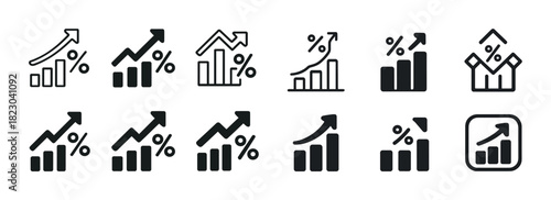 Set of iconic graphs and charts illustrating growth and trends
