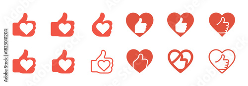 Set of red thumbs up and heart icons for social media engagement