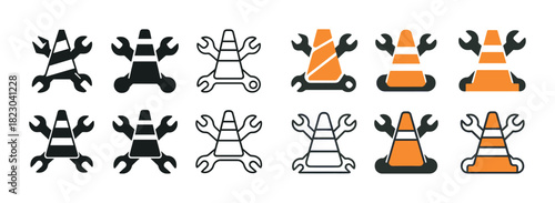 Vector warning cone icons with wrenches for construction and repair