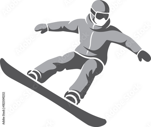 Dynamic snowboarder graphic soaring down mountain slope, conveying winter sports adventure and youthful energy for athletic apparel or winter campaign designs