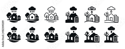 Simple black and white rainwater harvesting icons featuring houses and trees