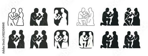 Symbolic couples in love: abstract silhouette designs of romantic pairs embracing