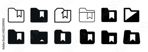 Set of black and white file folder icons with bookmarks and tabs