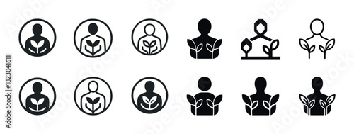 Set of black plant growth icons featuring human figures in round and square designs