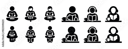 Icon set of people reading books and listening to audio