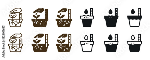 Growth stages of plant in soil icon set with measuring tools