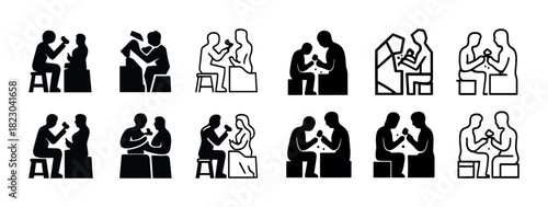 Silhouette icons of people getting haircuts and manicures