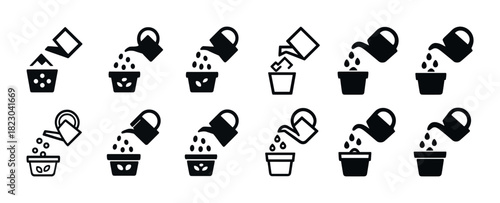 Icon set with variations of watering plants and seed growth