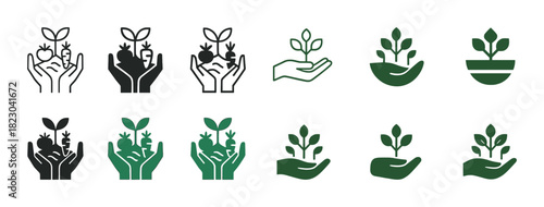 Set of plant in hands icons symbolizing growth and nature conservation