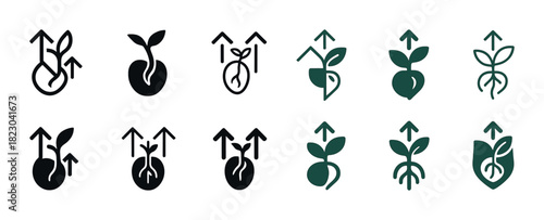 Set of abstract plant growth icons highlighting seedling and sprout variations