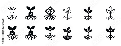 Creative plant symbols with roots and sprouts in black icons set
