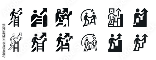 Business growth icons with figures climbing arrows and stairs