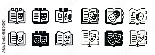 Icon set: theater masks in open book designs