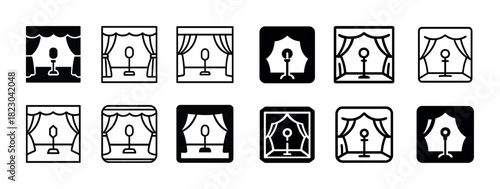 Black and white icon set of stages with microphone and curtains