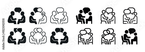 Minimalist icons of people engaged in dialogue and conversations
