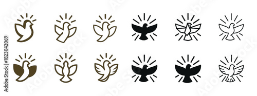 Set of dove icons: minimalist dove symbols in brown and black variations