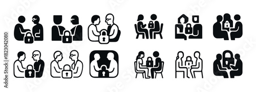 Black icon set of secure communication meetings with privacy locks