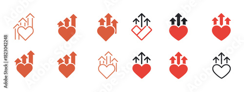 Collection of red and black heart icons with upward arrows