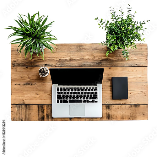 Top View Contemporary Office Setup With Wooden Desk And Modern Accessories