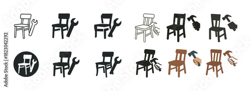 Icons of chairs with tools: hammer, wrench, hand in various styles