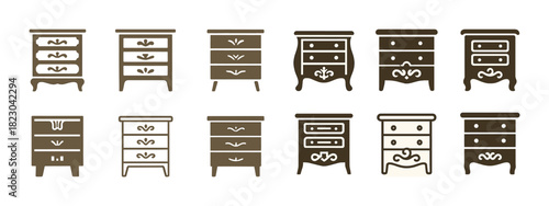 Icon set of twelve varied brown wooden dressers in different styles