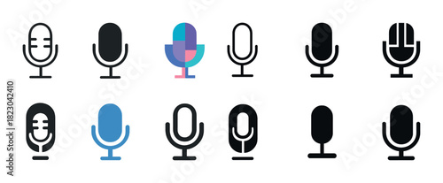 Diverse microphone icons set featuring various designs and colors