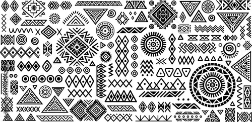 Set of primitive ethnic elements isolated on white background. Vector hand drawn geometric patterns in ethnic style.