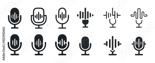 Diverse modern microphone icon set in black and white for audio and music design