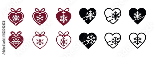 Christmas heart icons with snowflakes and bows in red and black variations