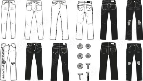 Various styles of jeans in black and white with buttons and zippers on a white background