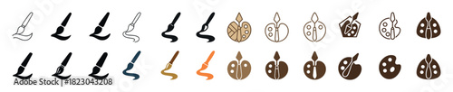 Assorted artistic tool icons: brushes and palettes in various styles and colors