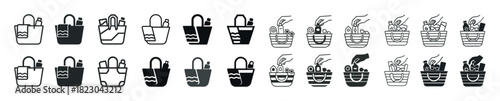 Flat icon set of shopping bags with household items and hand gestures