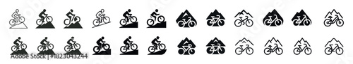 Mountain biking icons set: cyclists on trails and peaks