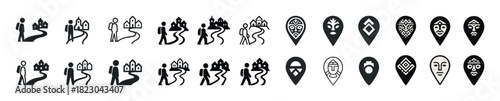 Monochrome tribal icon set featuring masks and people in various activities