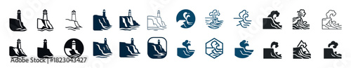 Lighthouse and waves icon set in various styles and designs