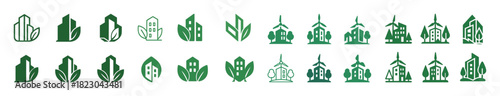 Eco-friendly buildings and leaf icons in green for sustainable urban design