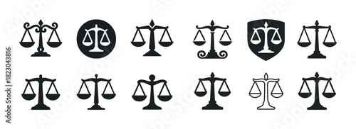 Set of black and white justice scales icons